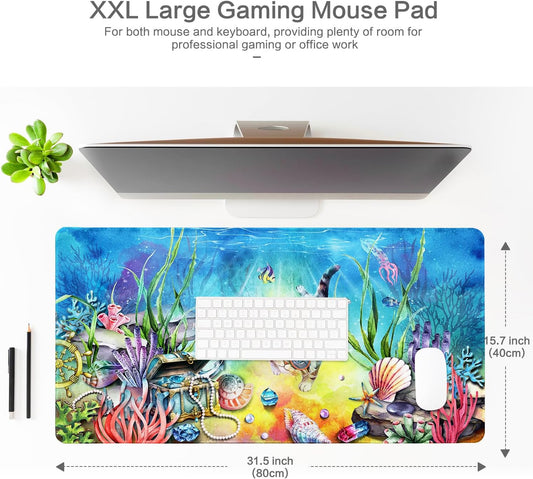 Lokigo Desk Pad Cool Cat, Big Desk Mat Cute Cat Ocean Underworld Extended Large Gaming Mouse Pad for Desk Boys Girls Non-Slip Rubber Base Stitched Edges Mouse Mat Office Home Laptop Desk Matt