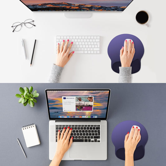 ITNRSIIET Ergonomic Mouse Pad with Wider Memory Foam Wrist Rest +17%, Curved Cushion Reduces Pressure 20%, Pain Relief, Non-Slip, Smooth, Cute Color Desk Accessory, 9.85 x 9 inch, Violet Gradient