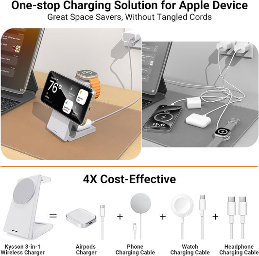 Foldable 3 in 1 Charging Station for Multiple Devices, Travel Wireless Charger for MagSafe Charger Stand, Magnetic Charging Stand for iPhone 16/15/14/13/12 for iWatch AirPods Pure White