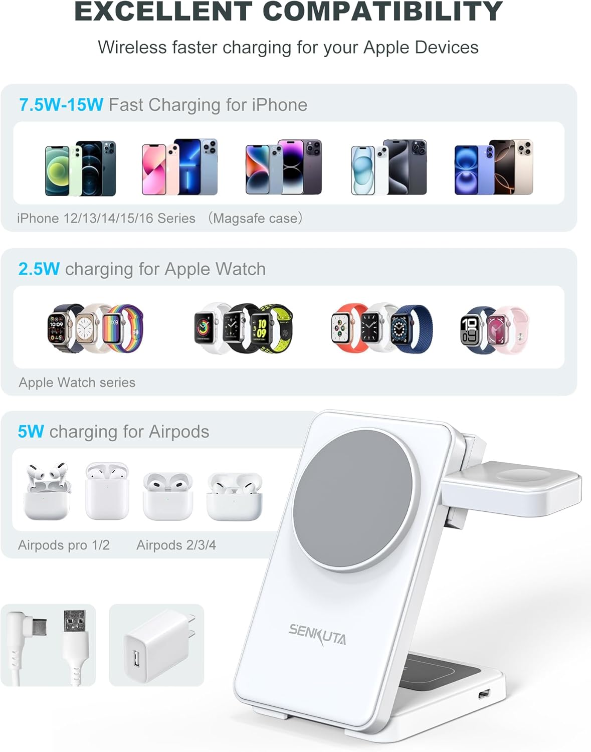 2025 Upgraded Wireless Charger for Apple: 3 in 1 Charging Station Foldable Fast for Apple iPhone 16/15/14/13/12 Max Plus Series - Portable Travel Charger for Apple Watch/Airpods Pro (White)