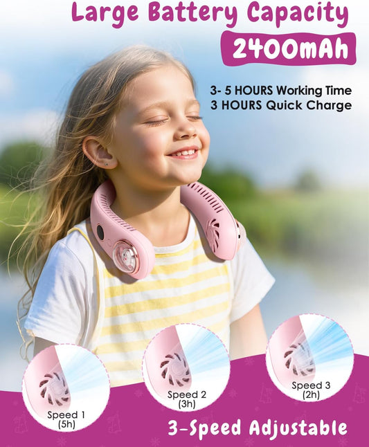 Neck Fan for Kids,Bladeless Portable Fan Rechargeable for 4-14Y Girls & Boys, 2400mAh USB Personal Cooling Mini Fan Rechargeable for Travel/Disney/Camping, 3 Speeds, Summer Essentials(Pink)