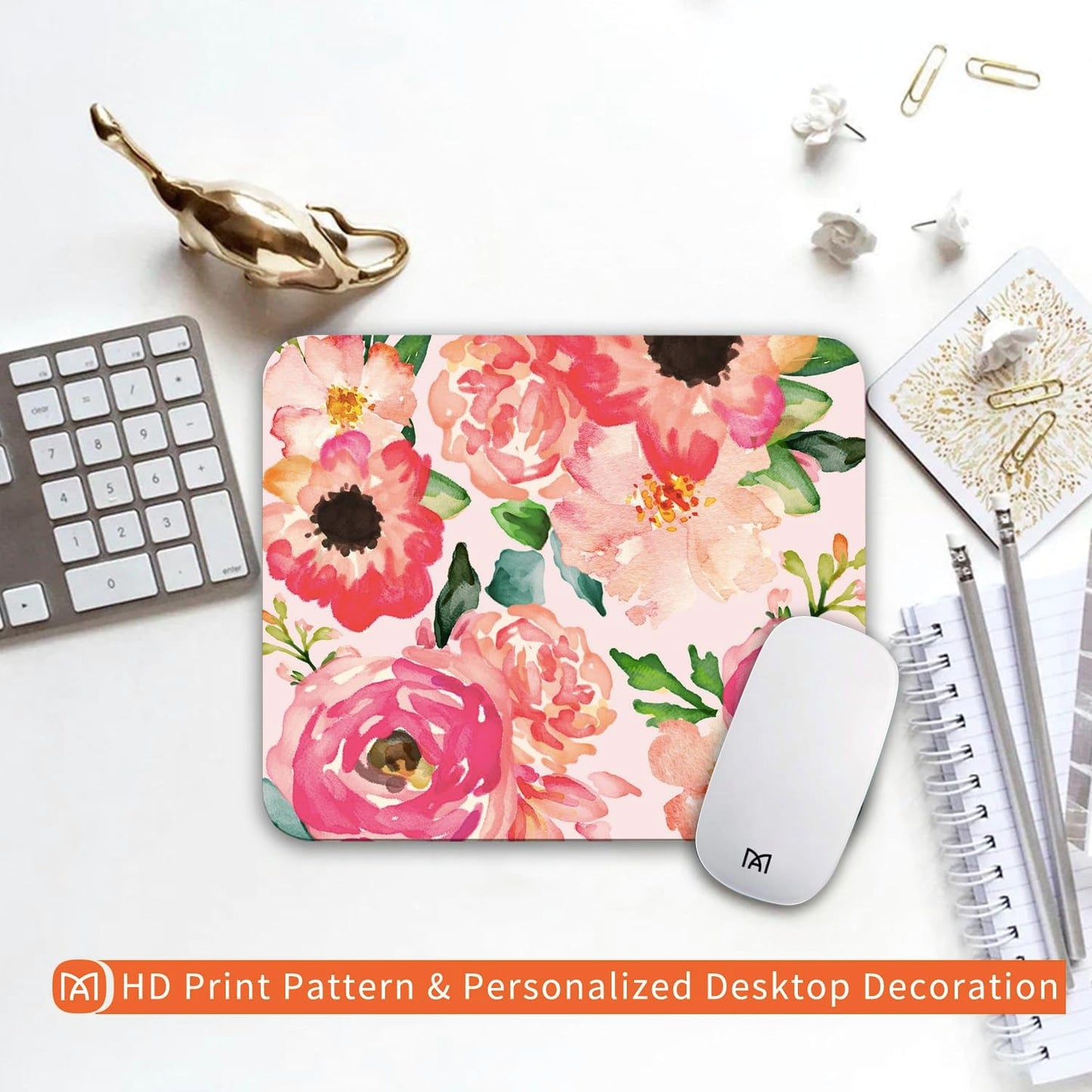 Square Mouse Pad Pink Watercolor Flower, Personalized Premium-Textured Custom Mouse Mat Design, Washable Mousepad Cloth, Non-Slip Rubber Base Computer Mouse Pads for Wireless Mouse