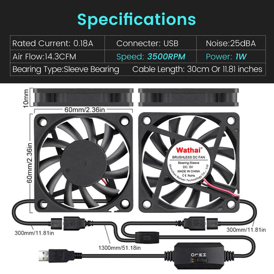 2 Packs Wathai 60mm x 10mm USB Computer Fan 5V with Speed Control DC Brushless Cooling Fans for Charger PC Case Router Raspberry Pi Radiator Cooler Ventilation
