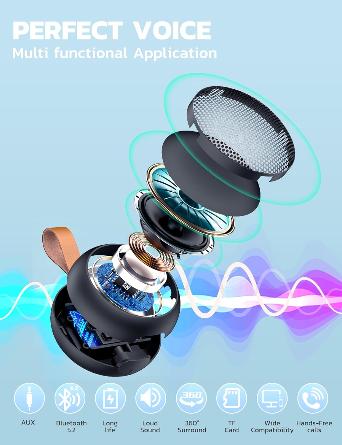 Portable Bluetooth Speaker, IPX7 Waterproof Small Shower Speaker Wireless Bluetooth with Loud Sound, Support TF Care/Built-in Mic- for Carabiner, Beach, Camping, Hiking, Pool, Great Gift (Black)