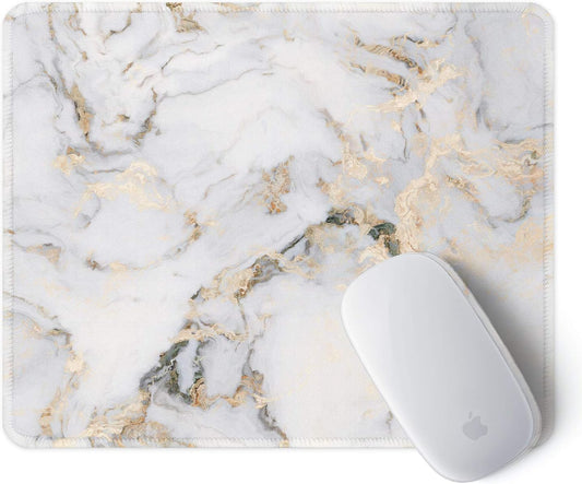 ITNRSIIET Mouse Pad with Stitched Edge Premium Textured Smooth Precise Operation Waterproof Washable Non-Slip Rubber Base Desktop Protection Mat, 10.2×8.3×0.12 inches, Gray Marbling Gold