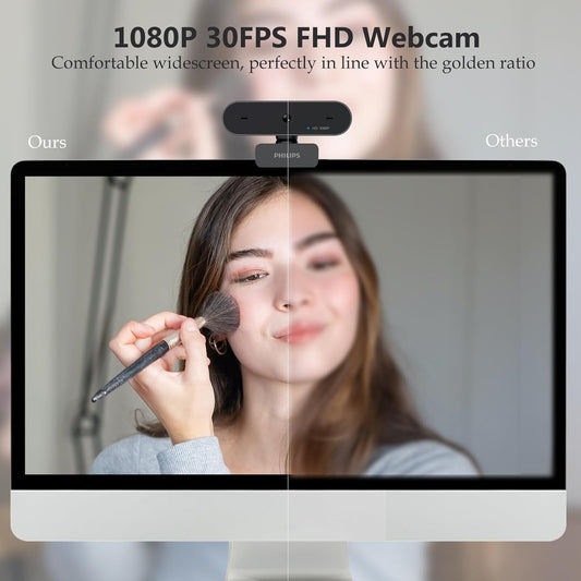 PHILIPS HD 1080P Webcam Camera for PC, SPL6208 Web Camera for Laptop, Dual Microphone Streaming Webcam for Clear Stereo Audio, Plug and Play USB Webcam for Zoom/Skype/Teams, Conferencing and Video
