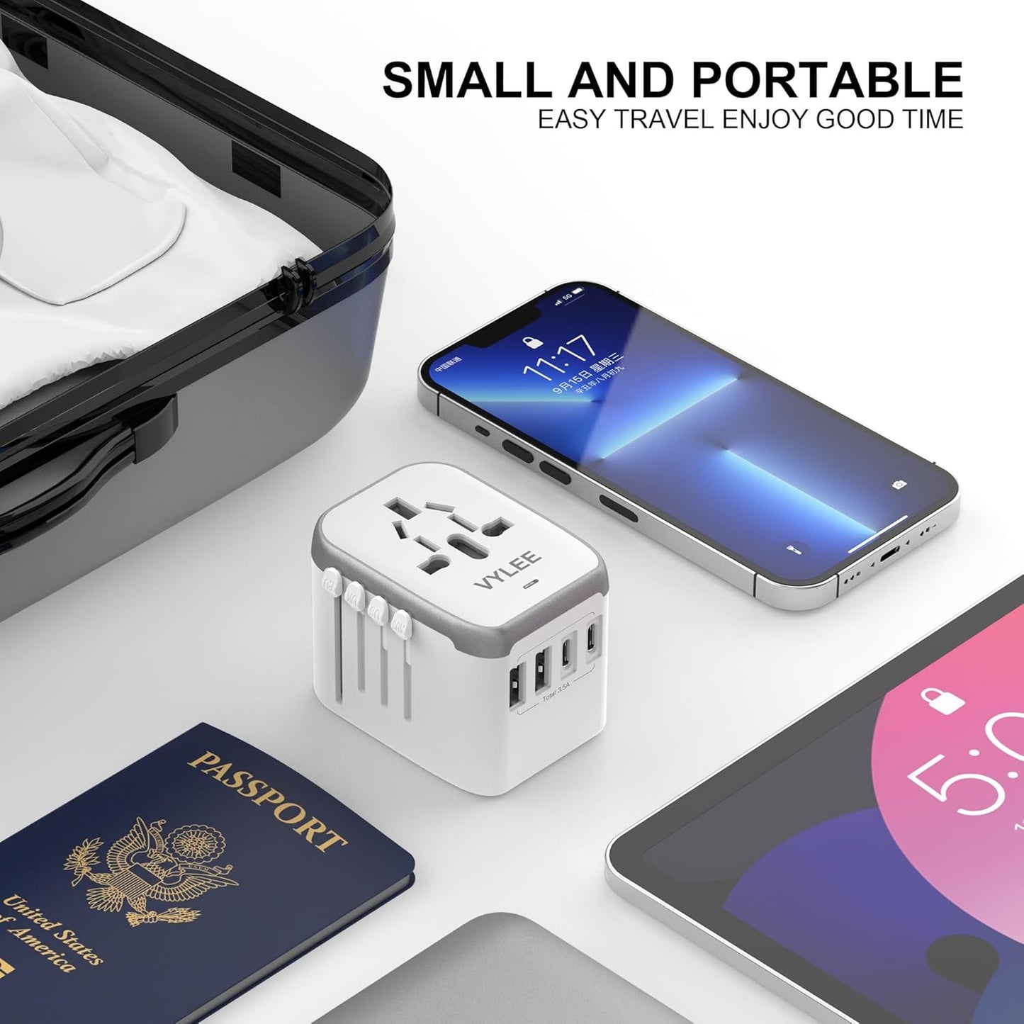 Universal International Power Travel Plug Adapter, 5 in 1 European Travel Plug Adapter W/ 3.5A 2xUSB-A and 2xUSB C Wall Charger and Worldwide AC Outlet for Europe USA UK AUS Asia (White Grey)