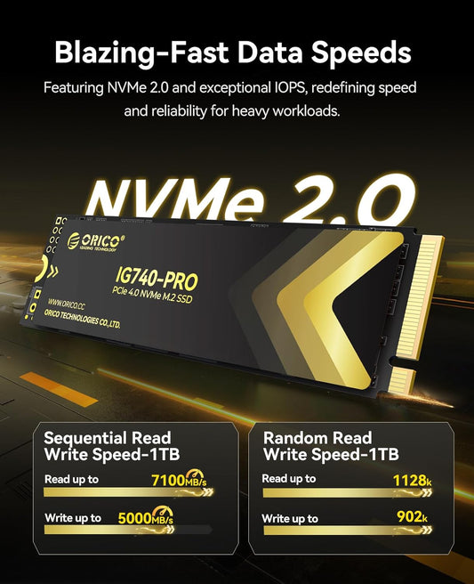 ORICO Industrial SSD 1TB M.2 NVMe SSD, PCIe 4.0 Drive with 7100MB/s Read Speed, Advanced Data Security and Innovative Heatsink, for Edge Computing, Industrial PC, Personal Laptop and PS5 - IG740PRO