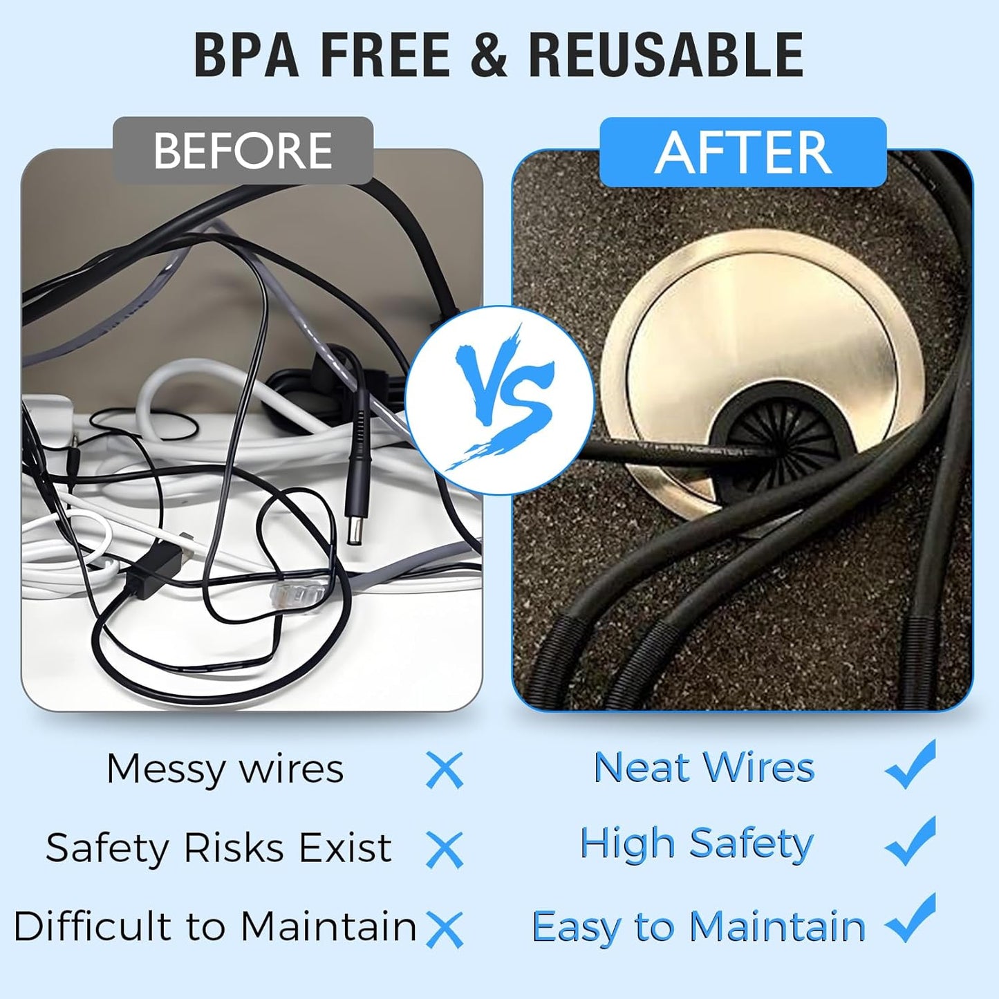 Desk Grommet 2-3/8" (60 mm), Desk Cord Hole Cover, Cable Grommet Metal Zinc Alloy Materilal, Desk Hole Grommet for Office and Home Table Cable, Detachable Cable Cord Organizer (Flat Black 2 Pcs)