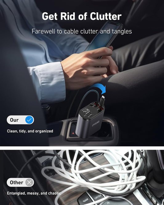 iPhone Car Charger 4 in 1 Fast USB Car Phone Charger 20W Double Lightning Retractable Cables 31.5 Inch and 2 USB Ports Car Charger Adapter for iPhone 14/13/12 Pro Max/XR/XS,Samsung,Pixel,iPad