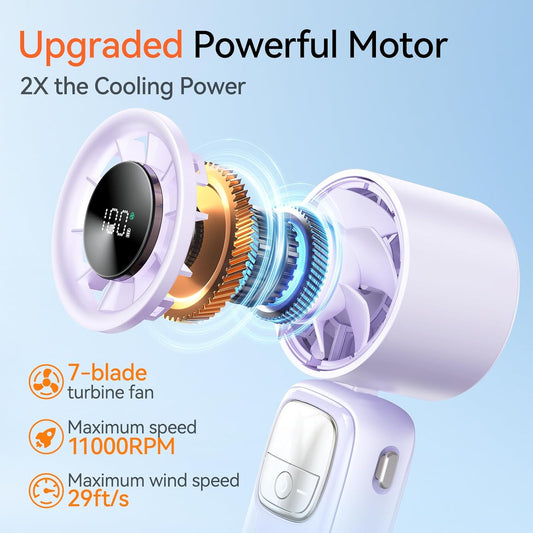 3-in-1 Portable Handheld Turbo Fan-100 Speeds, 11000 RPM, 10Hrs Cooling, LED Display, 90° Rotation, USB Rechargeable Battery Powered, Mini Foldable Hand Held Personal Fan for Women Men (Purple)