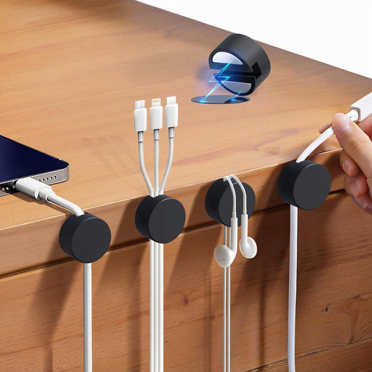 Maveek Magnetic Cord Clips Black, Silicone Cord Organizer Magnet Cable Holder Charging Cable Management Cord Keeper with Adhesive Metal Disc (5 Piece, Large Size)