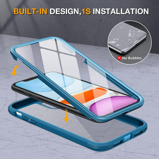 Miracase Glass Series for iPhone 11 Case 6.1 inch, Upgraded Full-Body Rugged Phone Bumper Case Cover with Built-in 9H Tempered Glass Screen Protector and Camera Protector, Light Blue