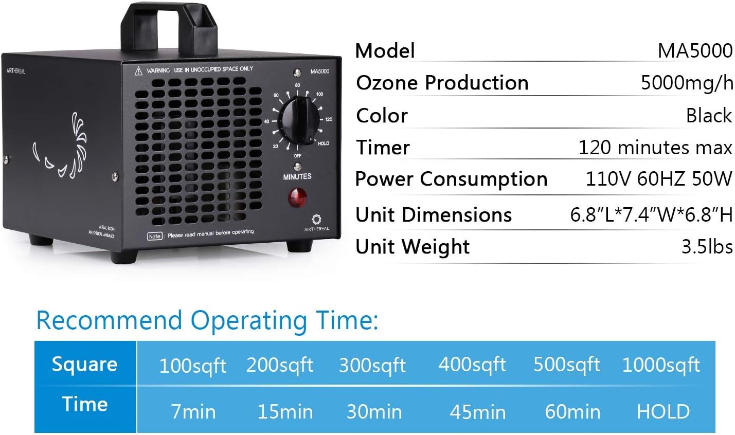 Airthereal MA5000 Commercial Ozone Generator, High Capacity Ozone Machine Odor Removal - Home Air Ionizers O3 Deodorizer for Rooms, Smoke, Cars and Pets, Eliminate Odors up to 2000sq.ft., Black