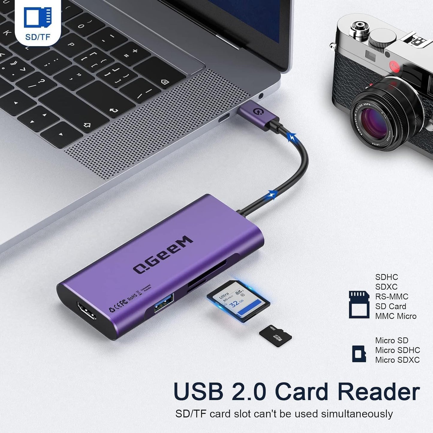 USB C Hub, QGeeM USB 4k to HDMI Adapter, 7 in 1 USB-C Dongle with 100W PD,USB 3.0, Card Reader, Compatible for MacBook iPhone 15/16 Ipad Pro max,Chromebook Laptop USB Type C Dock-Purple