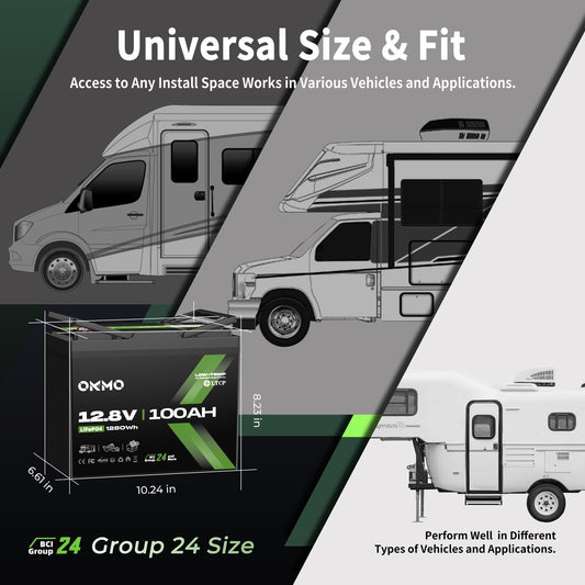 OKMO 12V 100Ah LiFePO4 Battery,Group 24 Lithium Battery 100A BMS,10 Years Lifetime 15000+ Deep Cycles,for Marine, RV, Trolling Motor, Boat, Camper, Solar Home Storage Iron Phosphate Battery