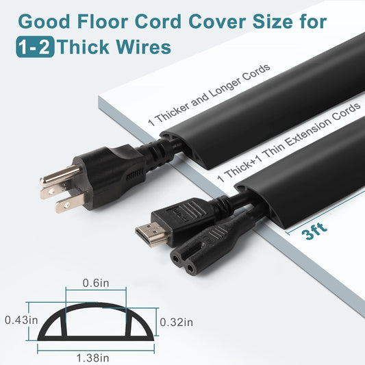 8.5ft Black Cord Protector, Soft Floor Wire Covers - Channel: 0.6"W x 0.32"H