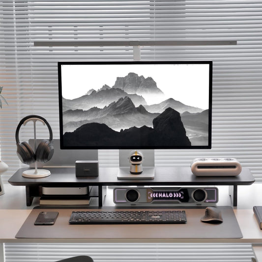 Bamboo Dual Monitor Stand Riser Black, 2-Tier Desk Monitor Riser for 2 Monitors, Supports for PC Computer Monitor, Printer, Heavy TV Riser up to 300 lbs