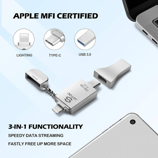 256GB Apple MFi Certified iPhone-Photo-Stick, 3 in 1 USB C Photo-Stick-for-iPhone-USB-Flash-Drive iPhone Memory-Stick Thumb Drives iPhone Backup Memory Stick for iPhone 16 15 14 13 12 iPad Android PC
