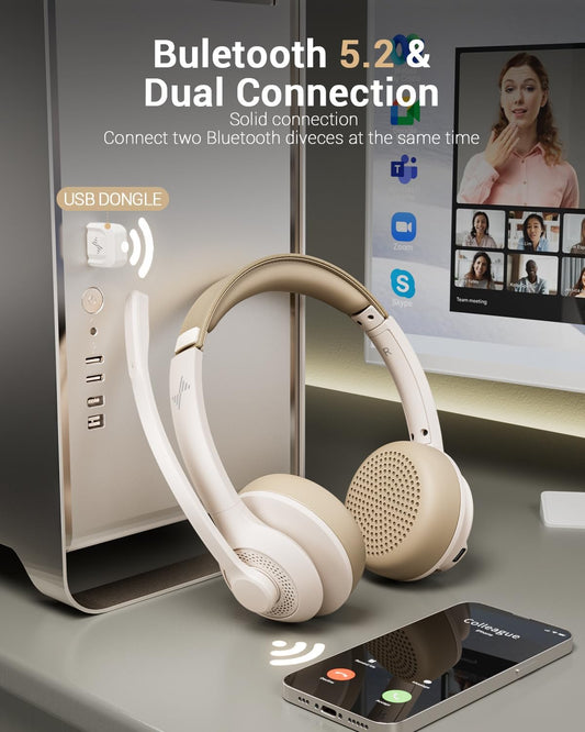 Wireless Headset with AI Noise Cancelling Microphone Bluetooth Headset - Bluetooth V5.2 Headphones with USB Dongle & Mic Mute for Computer/Laptop/PC/iPhone/Android/Cell Phones (White)