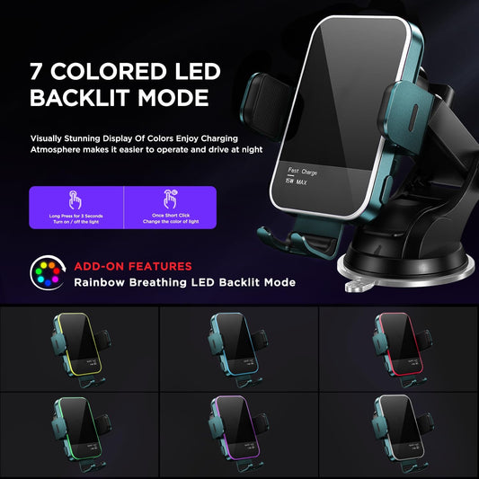 Wireless Car Charger,【7 Colored LED Backlit】 15W Auto Clamping Phone Mount Holder fit for iPhone 15 14 13 12 Mini Pro Max 11 XR XS X, Samsung Galaxy S23 Ultra S22 S21+ S10+ Note 20, etc - Green
