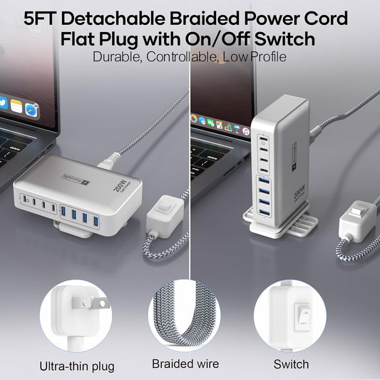 200W Charging Station for Multiple Devices, 8-Port USB C Charger Block Fast Charging, 65W Type C GaN Power Adapter for Cellphones, Tablets, Laptops, Multi Chargers USB Hub Flat Plug
