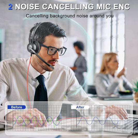 Callez USB Headset with ENC Dual Mic Noise Cancelling for PC Laptop Mac, Computer Headset with MS Teams Call Button Wired Stereo Headphones for Teams Zoom Home Office Work Call Center