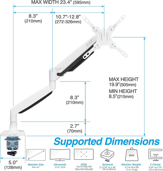 AVLT Single 17"-45" Monitor Arm Desk Mount Premium Mechanical Spring fits One Flat/Curved/Ultrawide Monitor Full Motion Height Swivel Tilt Rotation Adjustable, White