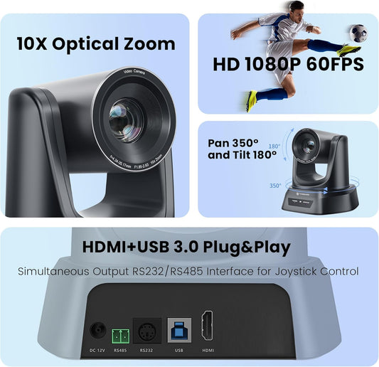 PTZ Camera HDMI/USB 10X Optical Zoom 60fps 1080P Video Conference Camera for Church Worship Live Streaming Meeting Online Learn with Zoom YouTube OBS and More