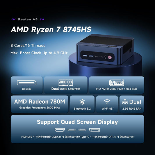 Reatan A8 Mini PC AMD Ryzen 7 8745H 32GB RAM DDR5 1TB SSD (3 Year After-Sale Support) 8C/16T,up to 8K Quad-Screen Displays, WiFi 6E, OCuLink Mini Computers for Gaming Home Theater Office Business