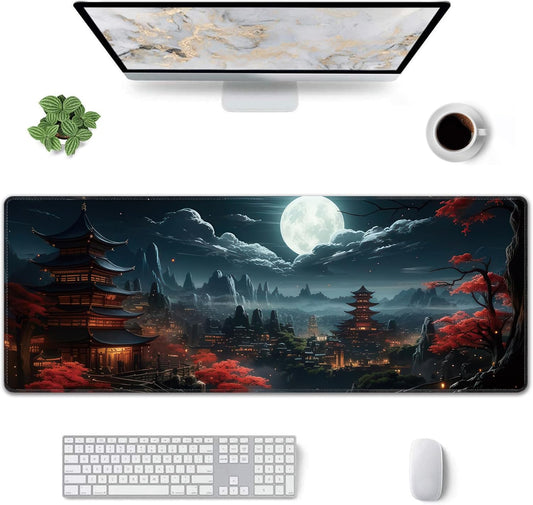 Japanese Full Moon Large Mouse Pad,Gaming Keyboard Desk Pad,Extended Mouse Mat Non-Slip Rubber Base with Stitched Edges for Office Game Home XL 31.5"x11.8"