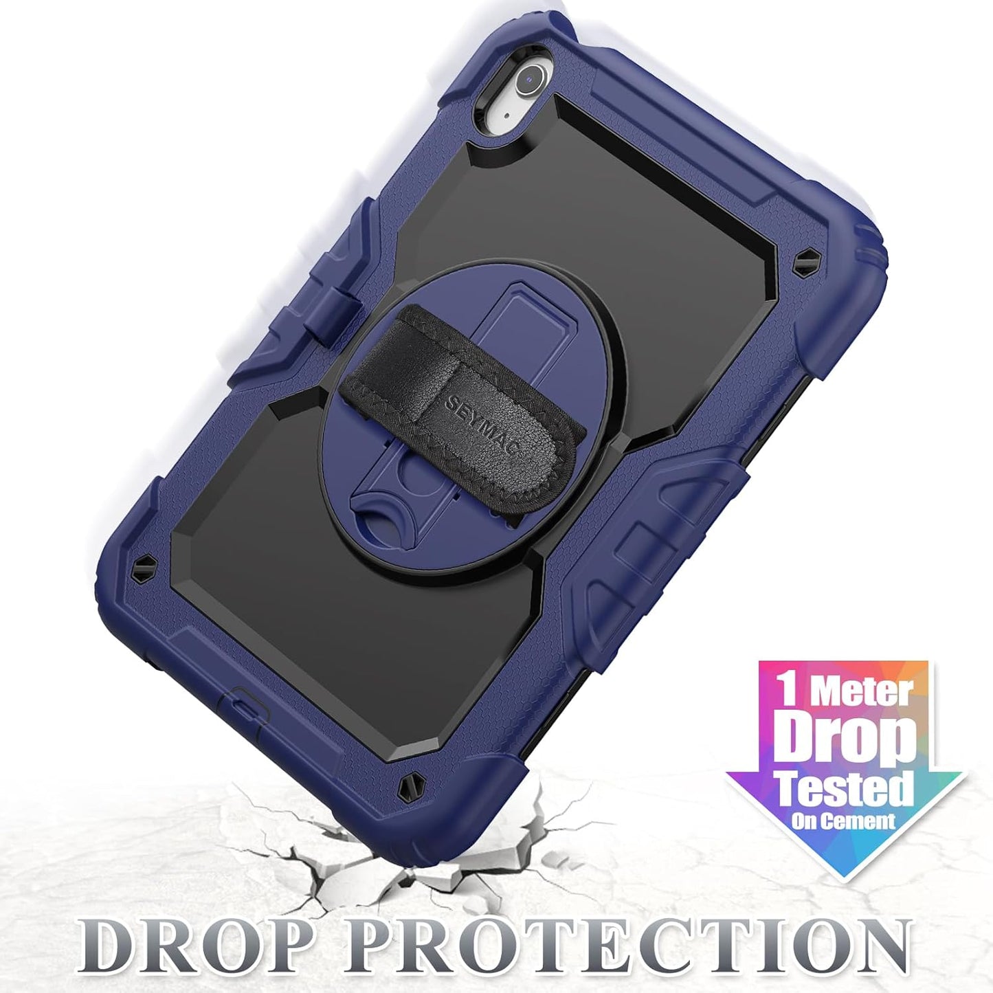 SEYMAC stock Case for iPad (A16) 11th/10th Generation 11''/10.9'' 2025/2022, Full-Body Drop Protection Case with Screen Protector &360° Rotate Hand Strap/Stand, Navy Blue