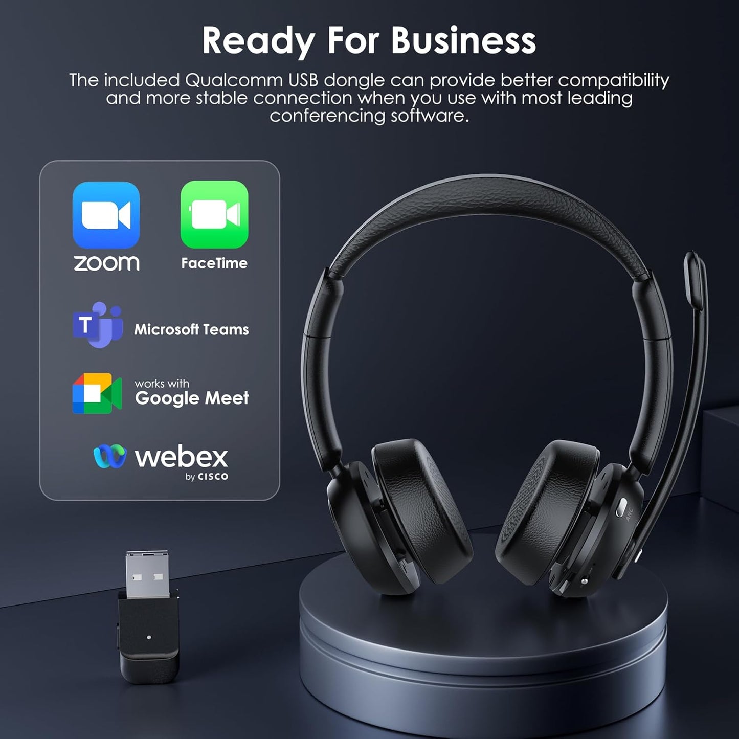 Wireless Headset with ANC & ENC, Bluetooth 5.4 Headset with USB Dongle, Wireless Headphones with Flip-to-Mute Microphone for Work from Home/Office/PC/Cell Phones