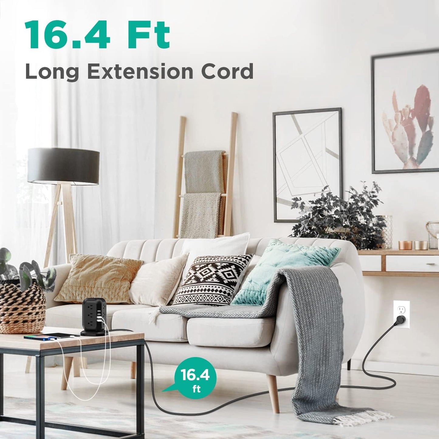 AiJoy Power Strip Tower 16.4 ft Cord, Surge Protector with 12 AC Outlet and 4 USB Ports, Charging Station Extension Cord with Multiple Outlets for Home, Office, Dorm Room Essentials black-15FT