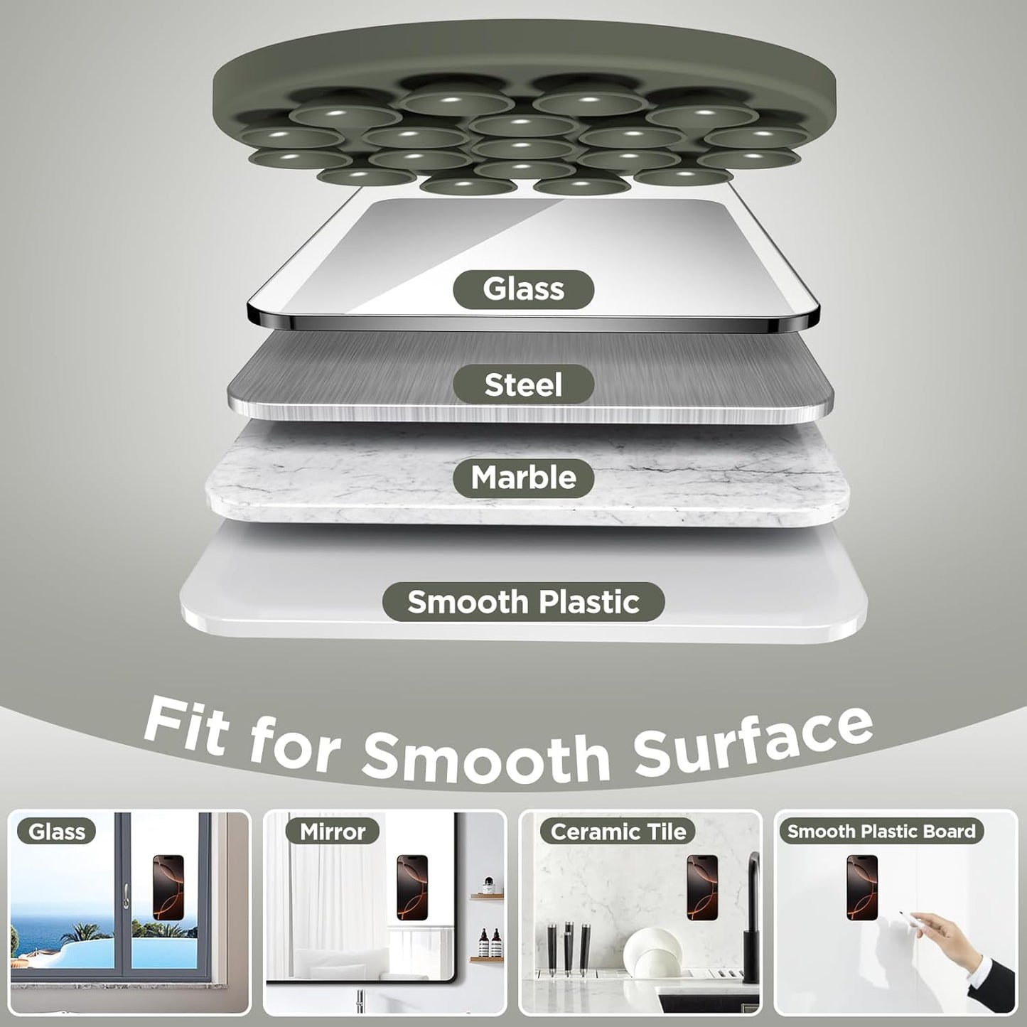 Magnetic Suction Cup Phone Mount for MagSafe Case, Silicone Hands-Free Phone Grip Holder for iPhone and Android, Mirror Shower Phone Stand for Makeup FaceTime Gym Kitchen Bathroom, Olive Green