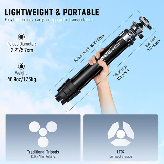 NEEWER LITETRIP LT07 61" Aluminum Travel Camera Tripod, Portable Stand with Ball Head Dual Axis Cell Phone Holder Arca QR Plate Compatible with iPhone Peak Design V3 for Video Recording, Max Load 22lb