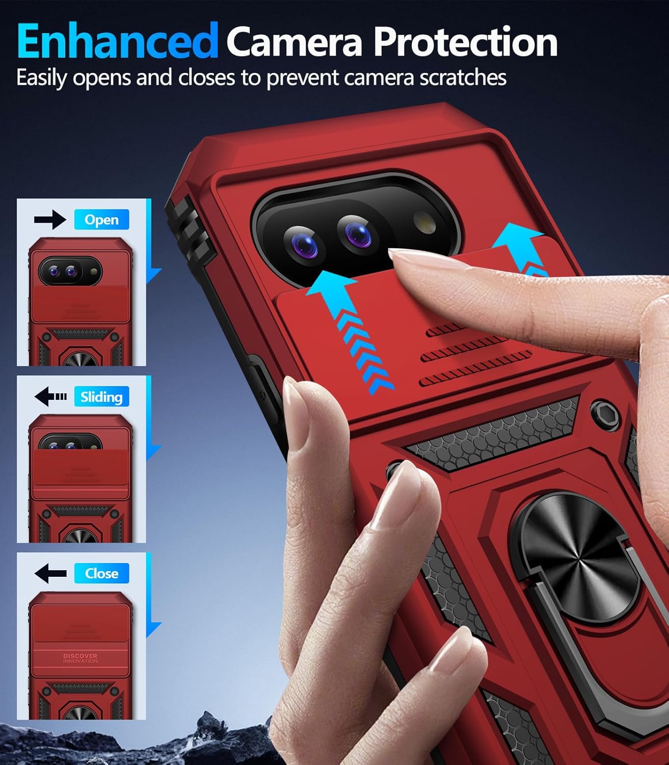 Taisairu for Google Pixel 9A Case with Screen Protector & Slide Camera Lens Cover, Built-in 360°Rotate Magnetic Ring Stand Shockproof Protective Phone Case for Google Pixel 9A Case (Red)