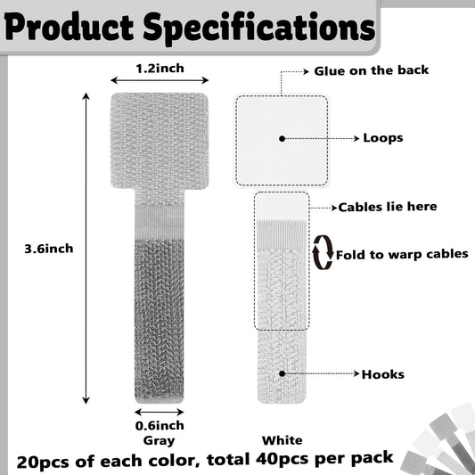40 PCS Hook and Loop Cable Ties, Self-Adhesive Hook and Loop Cable Straps, Sticky-Back Wire Organizer for Under Desk Cable Management, Adjustable Cable Straps Clips for Home Office(White, Gray)