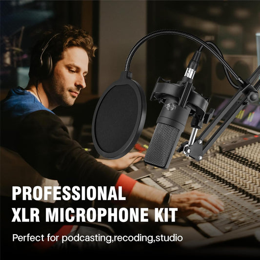 Condenser Microphone XLR Professional Studio Recording Microphone Kit for PC Computer with Boom Arm,Cardioid XLR Podcast Microphone for Streaming,Gaming,Singing,Voice Over,ASMR,YouTube