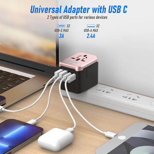Universal International Power Travel Plug Adapter, 5 in 1 European Travel Plug Adapter W/ 3.5A 2xUSB-A and 2xUSB C Wall Charger and Worldwide AC Outlet for Europe USA UK AUS(Rose Gold)