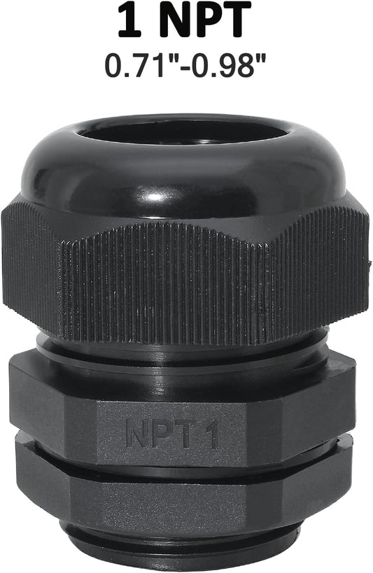 1" NPT Nylon Cable Glands, IP68 Waterproof Adjustable Cord Grip Cable Connector Strain Relief Wire Protectors for 18-25mm Cable Diameter, 2 Pcs, Black