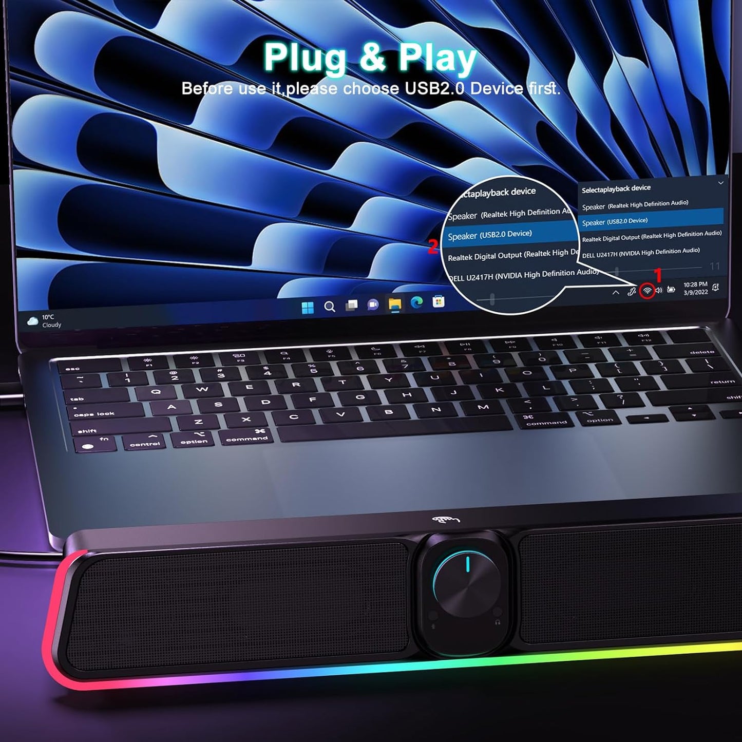 Computer Speakers - Wired USB Powered Bluetooth Computer Sound Bar with RGB & Volume Knob, HiFi Stereo Portable Gaming Sound Bar Speaker for Desktop Monitor, PC, Laptop, Tablets, Mac Air/Pro