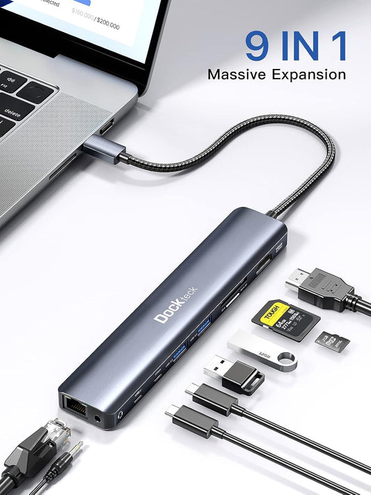 Dockteck 9-in-1 USB-C Hub: HDMI 4K@60Hz, Ethernet, 100W PD, Audio, 2x USB-A 5 Gbps, SD/TF Card Reader for MacBook, iPad, XPS, Microsoft