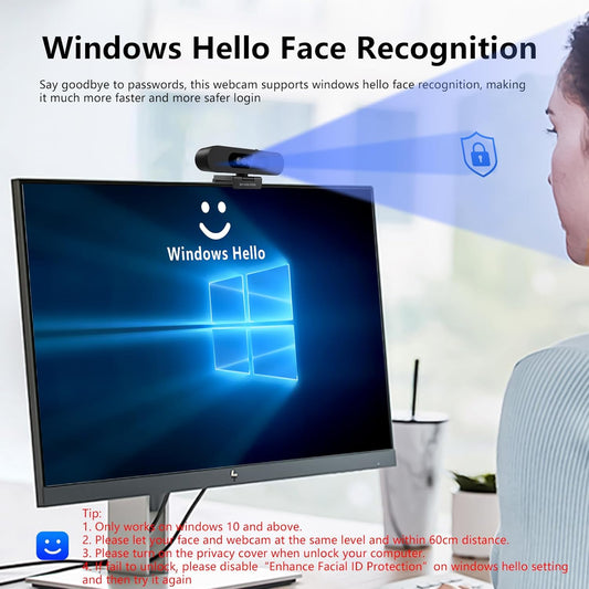Window Hello Webcam, 1080P 30fps Camera with Noise-reducing Mic, Plug & Play, 90° Wide Angle, Built-in Privacy Cover, 360° Rotation Pan & 90° Tilt, Perfect for Zoom, Google Meet, Microsoft Teams