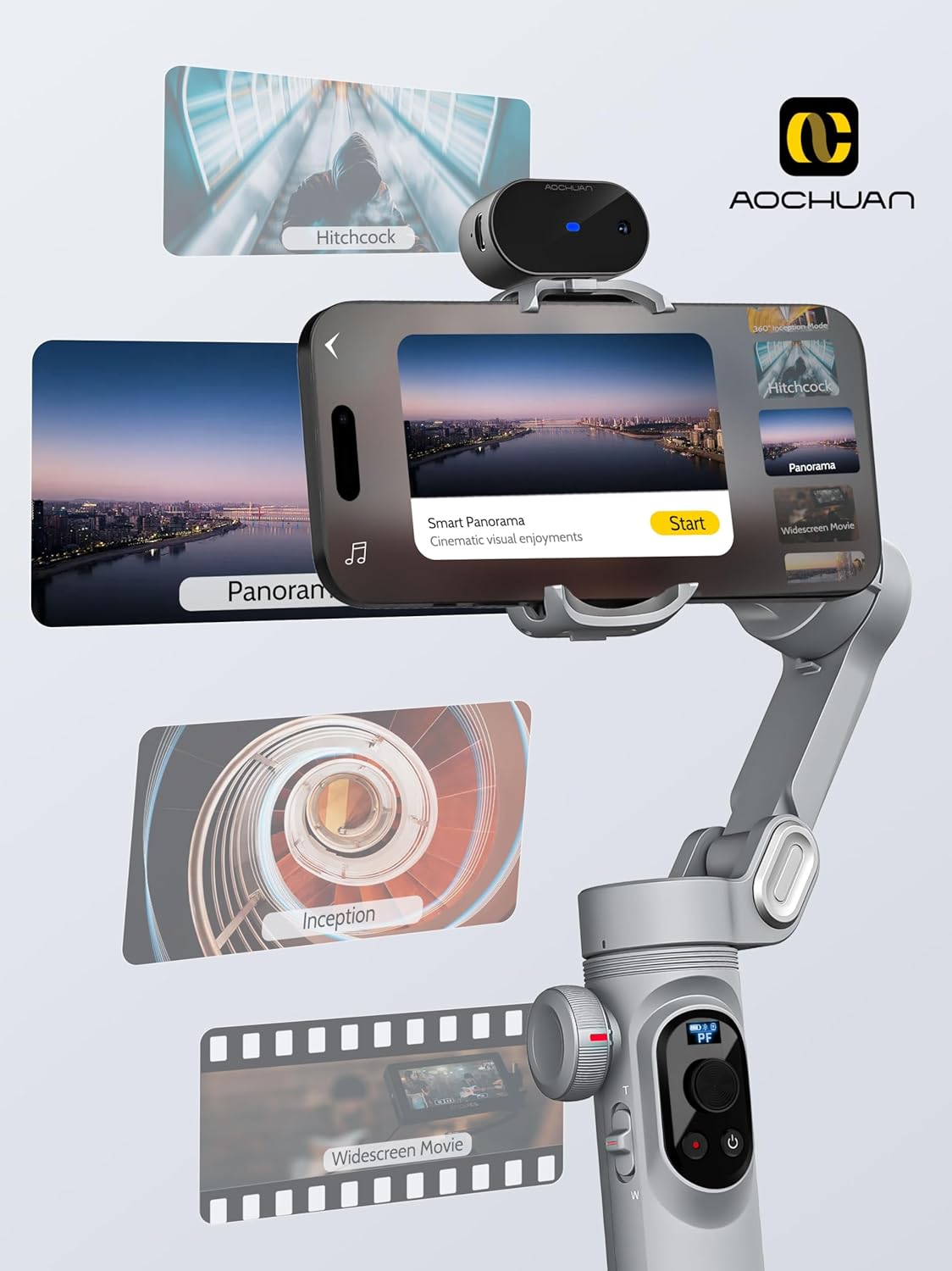 Gimbal Stabilizer for Smartphone AI Tracking(No App), 3-axis Gimbal with OLED Display/Built-in Light, Stabilizer for iPhone&Android, AOCHUAN X Pro Grey AI Version