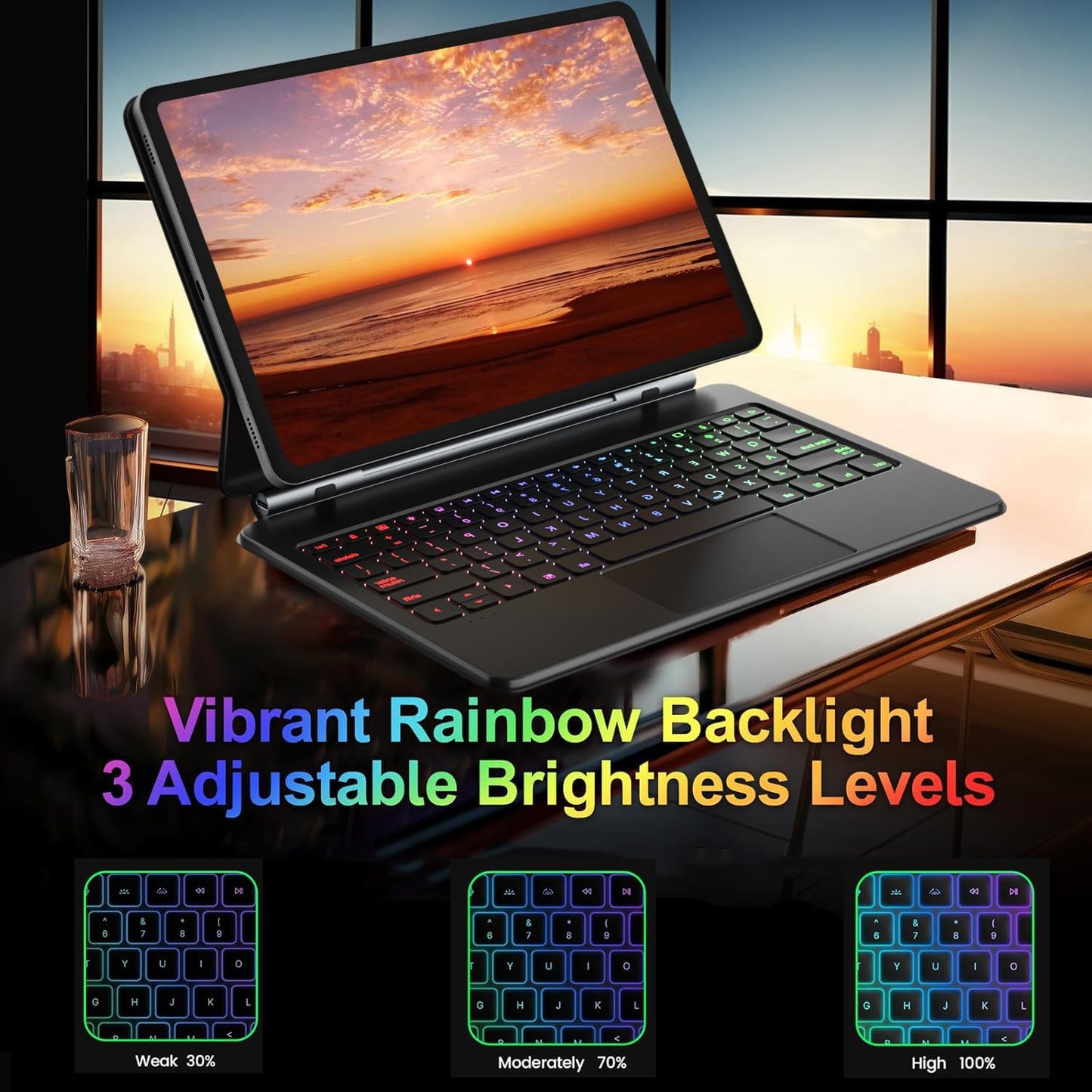 Magic Keyboard Case for Samsung Galaxy Tab S10+ Plus/S9+ Plus/S9 FE+ Plus/S8+ Plus/S7+ Plus/S7 FE 12.4 Inch, Rainbow Color Backlit Keyboard - Multi-Touch Trackpad - Floating Cantilever Stand, Black