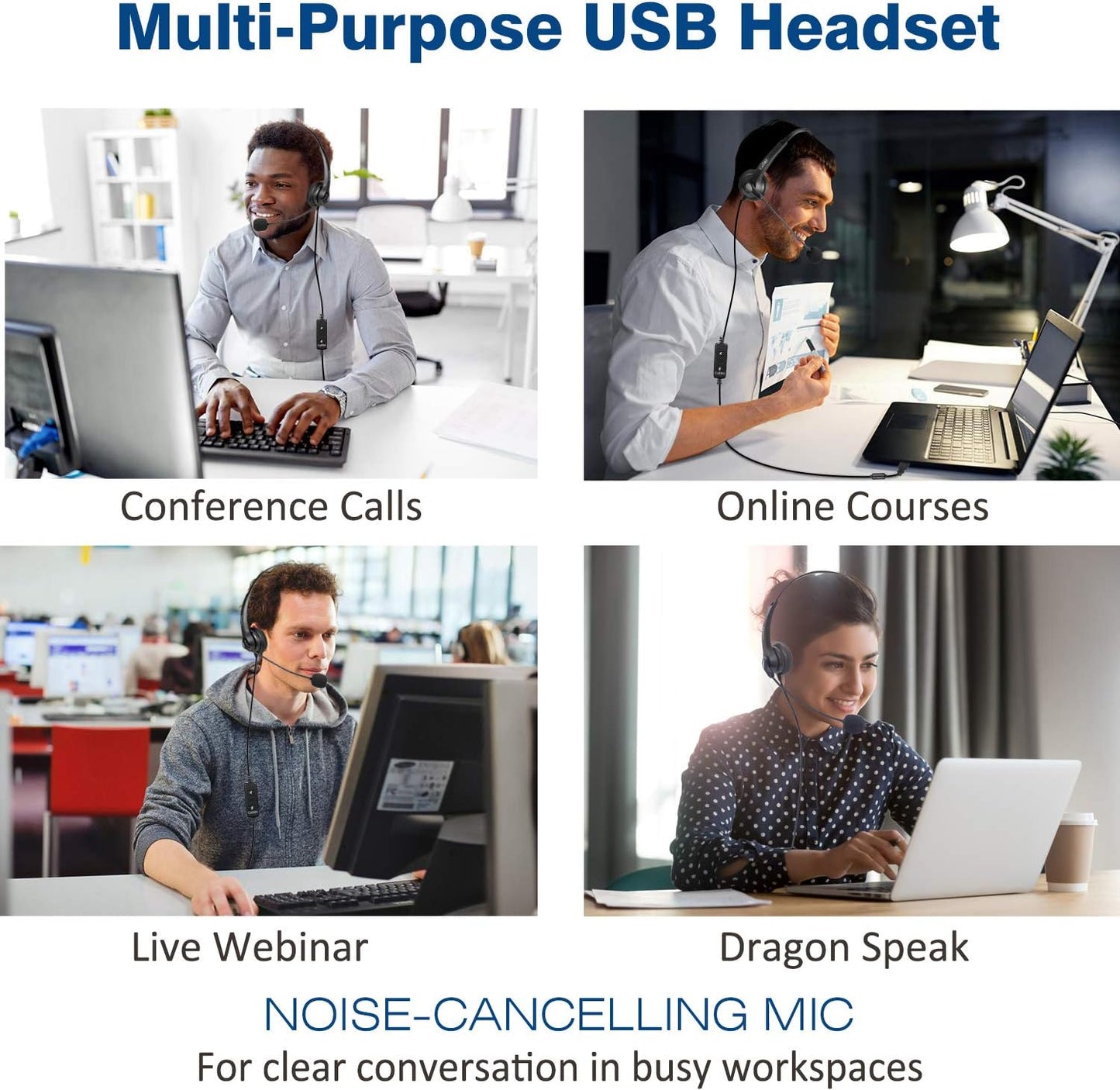USB Headset with Microphone Noise Cancelling & Audio Controls, Stereo Computer Headphones for Business Skype UC Lync Softphone Call Center Office, Clearer Voice, Super Light, Ultra Comfort