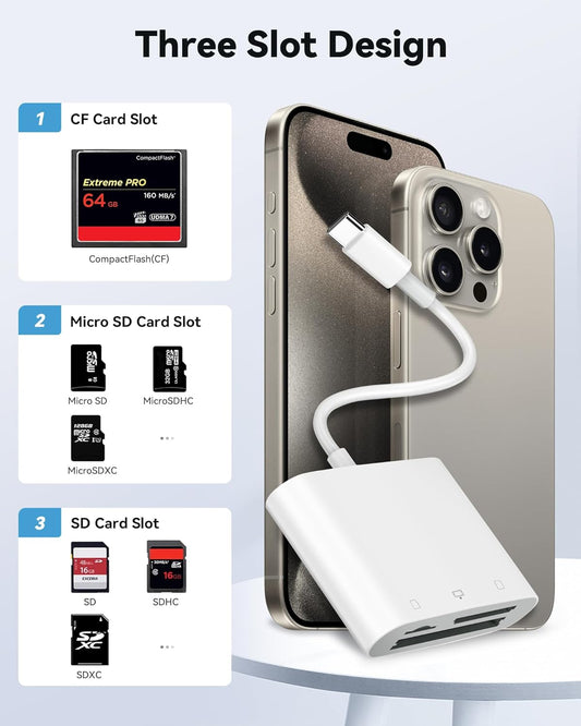 SD Card Reader USB C for iPhone 15/Android Phone/iPad/Mac/Laptop, Three Card Slot Micro SD Card Reader Supports SD Micro SD CF Card, Digital Camera Viewer Memory Card Reader Plug and Play