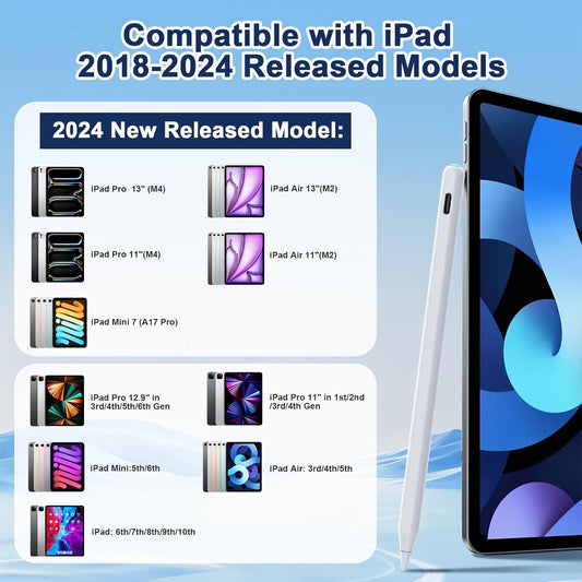 Pencil 2nd Generation for iPad 2018-2024 with Magnetic Wireless Charging Compatible with Apple iPad Pro 13”(M4)/12.9”/11”,iPad Air 6(M2)/5/4/3,iPad mini 7(A17 Pro)/6/5,iPad10/9/8/7/6 White