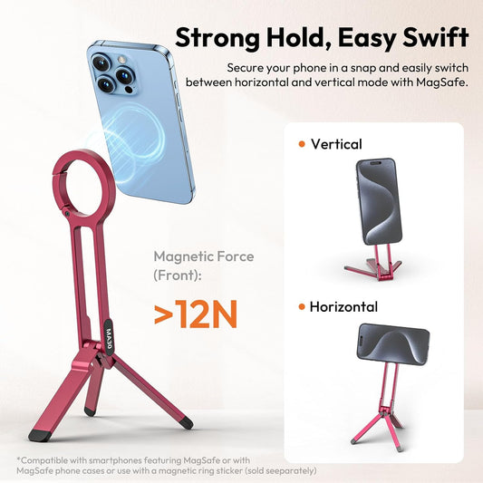 ULANZI MA30 Magnetic Phone Tripod Stand for iPhone - Aluminium Maglock Smartphone Mini Tripod Pocket Cell Phone Stand Strong Magnet Quick Mount Compatible with iPhone 16 15 14 13 12 Series, Red